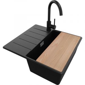 Primagran - Evier Sous Plan Noir Métallisé 55x50cm, Evier en Granit 1 bac + Kit de Vidage + Robinet + Planche à Découper, Évier au meuble 40cm - Top