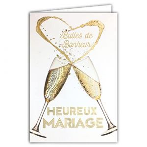 AFIE 63-1155 Carte Heureux Mariage - Félicitations 2 Flutes Champagne Cœur Bulles de Bonheur en Or Doré Brillant Scintillant Chic - Enveloppe Incluse - Fabriquée en France