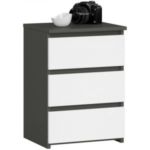 Table de chevet AKORD CL3 Gris Graphite 40 cm 3 tiroirs façade Blanche 40x35x57 cm