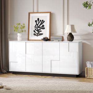 Buffet 160 x 37 x 75,5 cm - Avec 4 portes - Design g&eacute;om&eacute;trique - Finition brillante - Panneaux de particules - Blanc