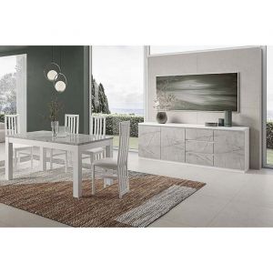 Ensemble S&eacute;jour Blanc et Gris Marbr&eacute; Table 190cm + Buffet 3 Portes - DEYTON - ALTOBUY
