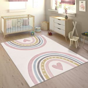 Paco Home - Tapis Enfant Tapis Chambre Enfant Fille Garcon Arc-en-ciel Pois Coeur 3D Pink, 133 cm carré