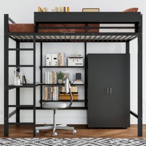 Lit mezzanine 90x200 cm avec table, armoire, grands compartiments et échelle, en fer + aggloméré, noir