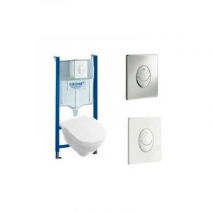 Villeroy & Boch Pack WC suspendu sans bride O.novo + abattant + plaque + bâti Grohe, plaque chromée