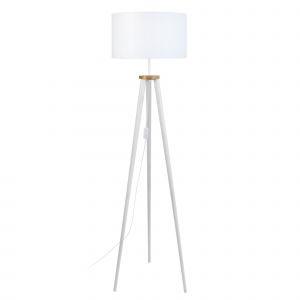 Tosel Lampe sur pieds avec structure trépieds en bois teinté blanc et abat-jour cylindrique en tissu blanc Arhus