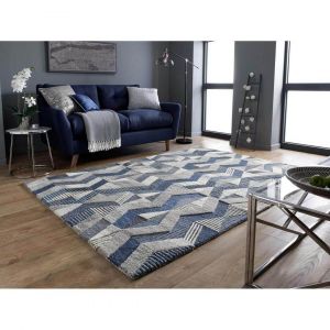 Tapis design graphique en laine pour salon Asher Bleu 200x290 - Bleu