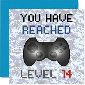 Stuff4 Carte d'anniversaire pour 14 ans - You Have Reached Level 14 - Cartes d'anniversaire pour garçons, adolescents, jeux vidéo, fille, fils, enfants, petit-fils, petite-fille, 145 mm x 145 mm