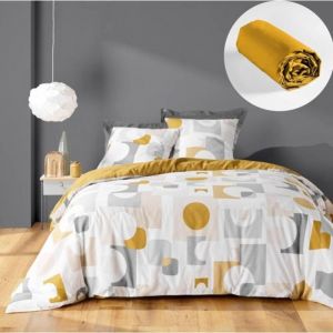 Douceur D'intérieur - Parure de Lit Geomelo 240 x 220 cm + Drap-Housse 140x190 cm Jaune