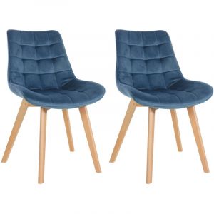 Décoshop26 Lot de 2 chaises de salle à manger design scandinave coutures carrées en velours bleu pieds en bois clair 100001678