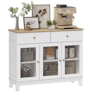 Homcom Buffet 3 portes vitrées nervurées 2 étagères 2 tiroirs poignées métal doré blanc effet bois clair