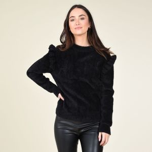 Molly Bracken Pull maille poilue, volant sur l'&eacute;paule Noir - Taille M