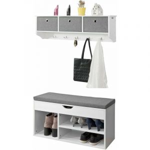 Sobuy FRG282-W + FSR45-HG Meuble d'Entrée Ensemble Portemanteau Mural 3 Tiroirs + Banc de Rangement avec Coussin RembourréMeuble d'Entrée