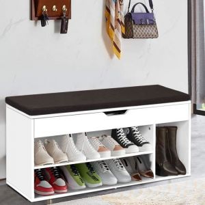 GOPLUS Banc à Chaussures avec Coussin, Meuble à Chaussure Multifonctionnel en Bois, Commode à Chaussures pour Entrée,Blanc