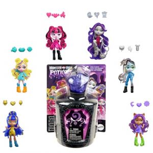 Monster High Potions Assortiment de mini-poupées et accessoires, figurines surprise de 7,5 cm dans un flacon d’exposition avec fonction Water Reveal et talismans (les personnages peuvent varier),HYB10
