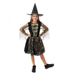 Ptit Clown Déguisement Sorcière Fille - Costume Enfant Halloween, Cospaly, Fête Costumée, Soirée Déguisée - Noir, Or