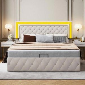 Lit 140x190 cm avec sommier &agrave; lattes, lit coffre avec LED, tissu en velours, cadre de lit adulte, 140x190 cm, beige
