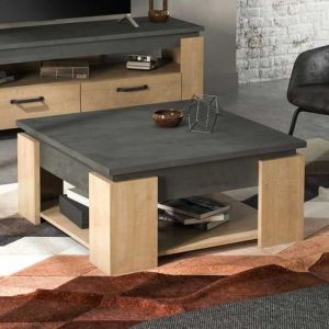 Table basse carré Chêne/Béton ciré - STINAU - Bois clair - Meuble de salon - L 80 x l 80 x H 37 cm