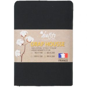 Drap housse Doulito - 80x200 cm - Made in France - Coton Noir - Noir