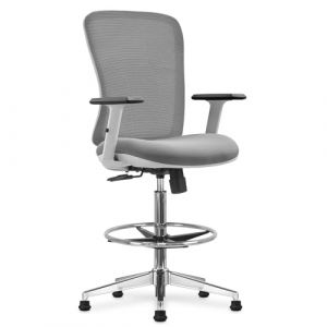 Waytex Fauteuil Haut de Bureau, R&eacute;glable en hauteur 60-84 cm avec repose-pieds, Accoudoirs r&eacute;glables et Roulettes ou Pieds fixes, pour bureau haut, table &agrave; dessin, table haute, caisse, comptoir, Gris clair