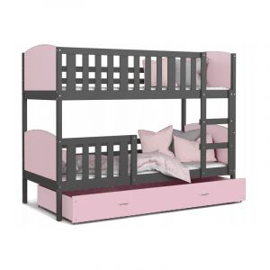 Lit Superpos&eacute; Tami 90x190 (Sans Matelas) Gris - rose Livr&eacute; avec le sommiers et tiroir. - Gris - rose
