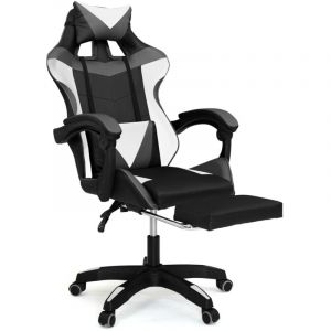Idmarket Fauteuil de gaming ALEX réglable avec repose-pied, coussin de tête et coussin lombaire noir blanc et gris