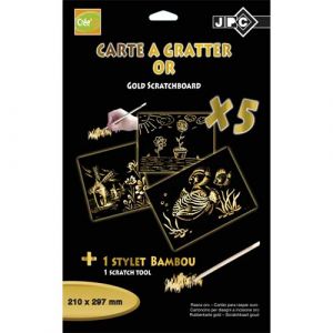 JPC CRÉATIONS Sachet de 5 cartes à gratter A4 or + 1 stylet en bambou