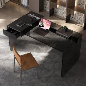 Bureau en verre tremp&eacute; avec tiroirs,noir,130cm