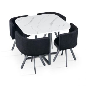 Menzzo Table carrée 90cm avec 4 chaises gain de place Oslo Effet marbre blanc et Velours Noir