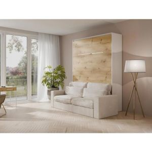 Vente-unique - Lit escamotable 140 x 200 cm - Ouverture verticale manuelle - Avec LEDs - Blanc et naturel + Canapé - rapili