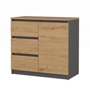 DUNJA - Buffet 1 porte 3 tiroirs - Dimensions 80x40x75 cm - Rangement séjour - Style moderne - Gris&Aspect bois