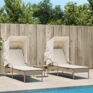 VidaXL Chaises longues lot de 2 avec auvents et table beige poly rotin, lit de bronzage, chaise longue inclinable, lit de jour d'extérieur