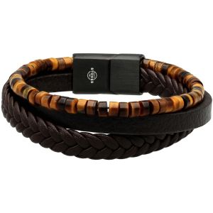Bracelet Cuir Marron Lisse Et Tressé Avec Perle De Heishi Oeil De Tigre