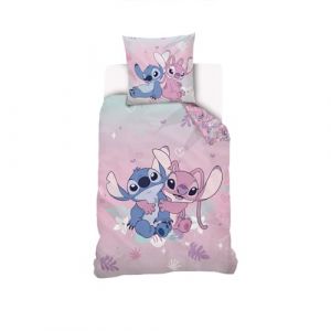 DISNEY - Housse de couette Disney Stitch & Angel 140x200 cm + 1 taie doreiller 63x63 cm - 100% Coton - Rose