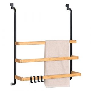 Eluno Porte-serviettes pour la paroi de douche en verre avec 3 barres porte-serviettes en m&eacute;tal et bambou noir