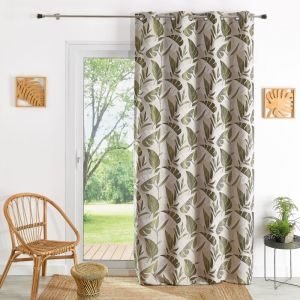 Home maison Rideau tamisant &agrave; oeillets motif feuilles Kaki 140x260 cm