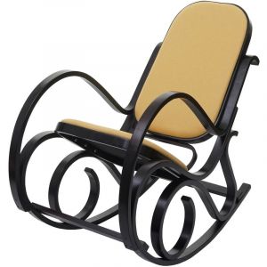 Décoshop26 Fauteuil à bascule rocking chair en bois foncé assise en tissu jaune FAB04030