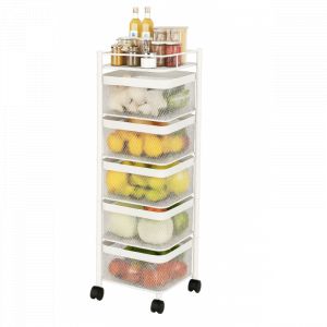 Resserre Métallique Carrée 5 Niveaux à Roulettes  Blanc  Rangement Cuisine/Bureau/Salle de Bain  28 x 28 x H 89 cm
