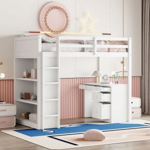 Lit mezzanine 90x200 cm - avec meubles de rangement et un bureau - en bois massif - Blanc