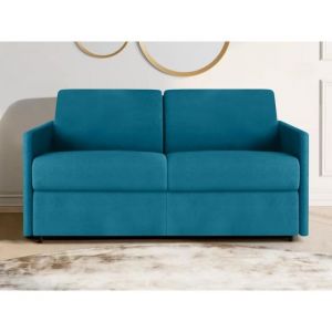 Canapé 2 places convertible express en tissu bleu turquoise - Couchage 120 cm - Matelas 18 cm CALIFE