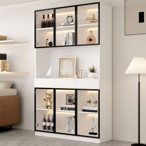 Vitrine 120x36x200cm - avec &eacute;clairage LED - avec 6 portes - portes vitr&eacute;es - avec 3 tiroirs - blanc