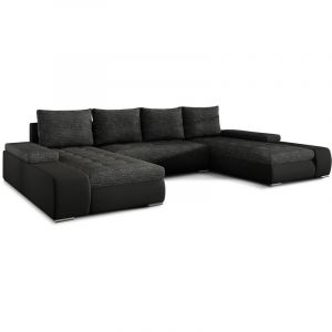 LesTendances Grand canap&eacute; panoramique design simili cuir noir et tissu fonc&eacute; gris chin&eacute; Tino 363 cm