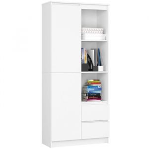 Bibliothèque de bureau Akord R11 Blanche 80 cm 1 porte 2 tiroirs façade Blanche 7 étagères 80x35x180 cm