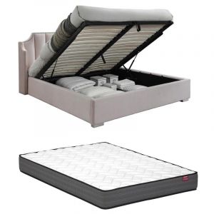 Lit coffre 140 x 190 cm avec tête de lit incurvée - Velours - Rose + Matelas - TEOMIS