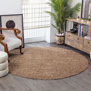 Surya Home Tapis Shaggy Uni - Tapis Salon, Salle à Manger, Chambre Adulte et Ado, Cuisine - Tapis Poil Long Moelleux et Doux, Motif Moderne Abstrait, Grand Tapis Chambre Monochrome Rond 200cm - Beige