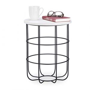 Relaxdays Table d'appoint ronde avec Panier en métal, Table basse décorative, Table de Salon, 45 cm, blanc-noir