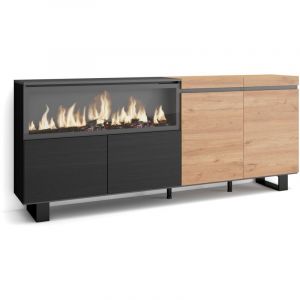 Buffet salon et cuisine, Meuble de Rangement, Commode, 210, 4 Portes, Cheminée électrique xxl, Design industriel, Style moderne, Chêne et noir