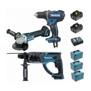 Makita Pack Premium 18V 5Ah: Perceuse 62Nm DDF482 + Meuleuse 125mm DGA504 + Perforateur 2J DHR202 + 2 batteries + 3 MakPac