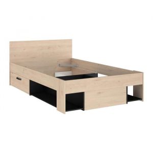 Lit 120 x 190/200 cm avec tête de lit et rangements - Coloris : Naturel et noir - kinselia