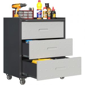 Vestiaire en m&eacute;tal - Armoire &agrave; outils m&eacute;tallique sur roulettes 75x42x88 cm &ndash; 3 tiroirs XXL, roulettes 360&deg; verrouillables, poign&eacute;e tube m&eacute;tal,