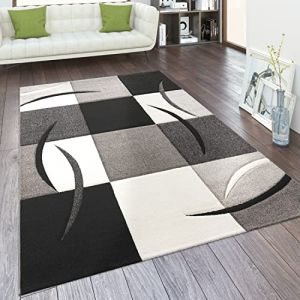 Paco Home Tapis De Salon en Diff. Coloris Et Tailles Motif Carreaux Rayures Design 3D Poils Ras, Dimension:300x400 cm, Couleur:Noir Blanc